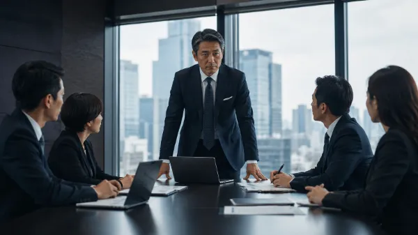 役員会議で人事方針を議論する様子