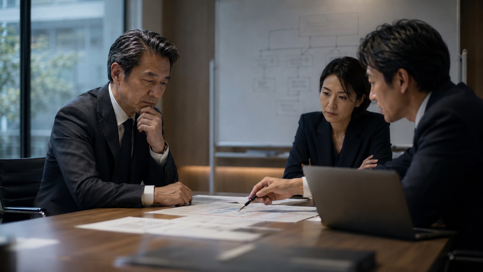 会議室で評価・報酬制度の資料を検討する経営陣とコンサルタント